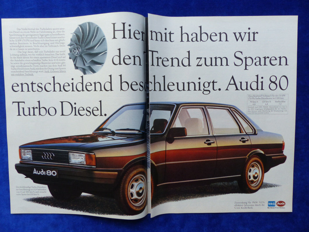 Audi 80 Turbo Diesel Typ B2 - Werbeanzeige Reklame Advertisement 1982