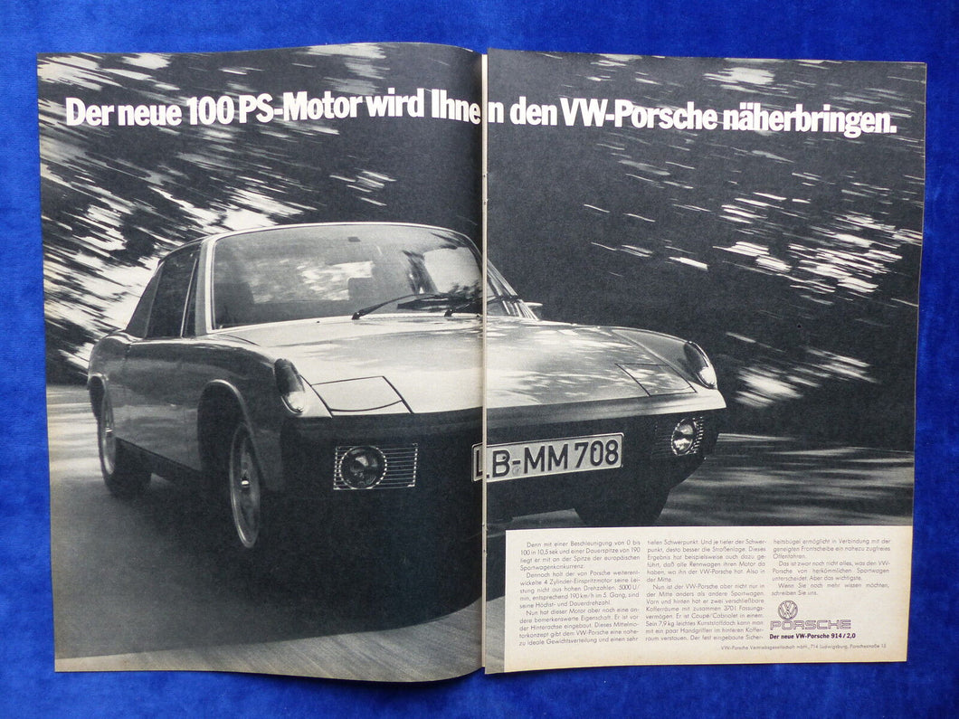 VW Porsche 914 2,0 - Werbeanzeige Reklame Advertisement 1972