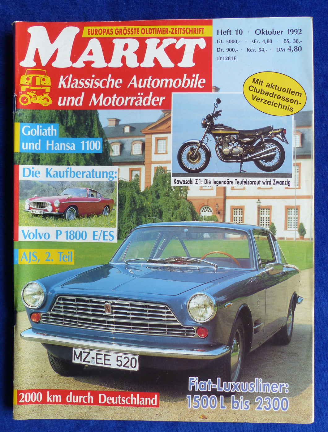 Oldtimer Markt Heft 10/1992 - Fiat Kawasaki Z1 Goliath Hansa Volvo P1800 AJS