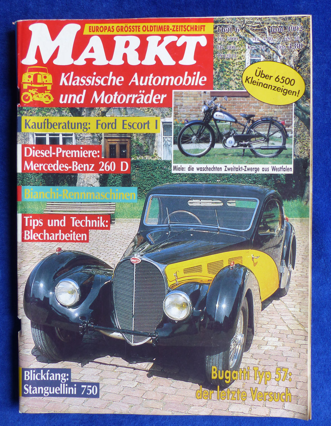 Oldtimer Markt Heft 6/1992 - Ford Escort Mercedes 260D Binachi Bugatti 57 Miele