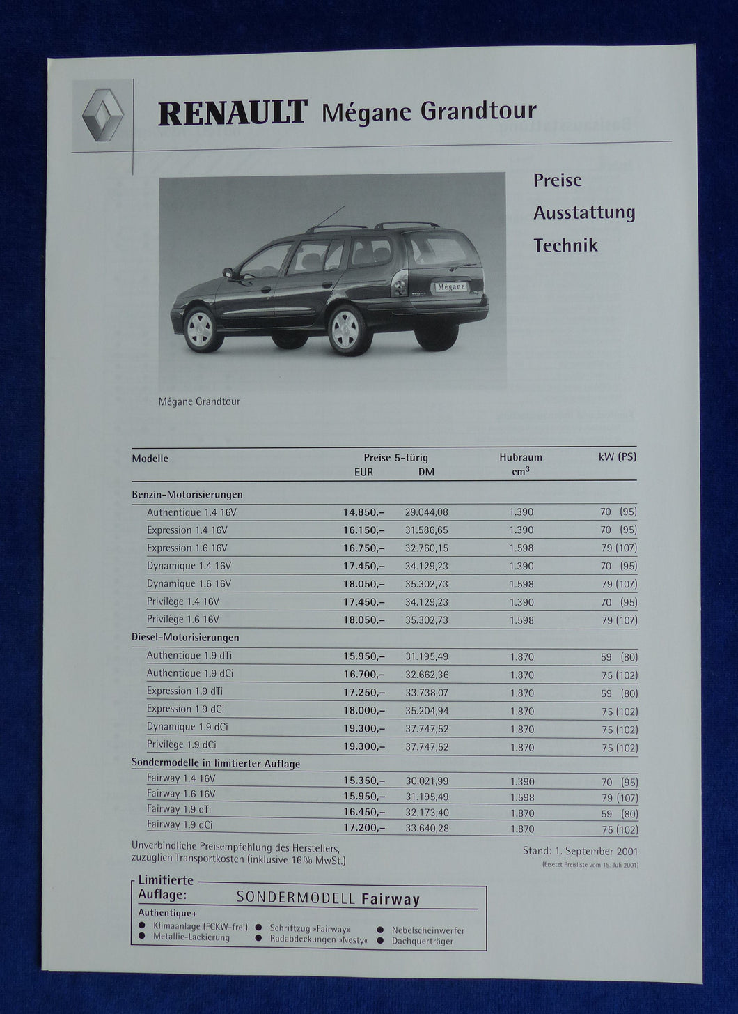 Renault Megane Grandtour - Preisliste MJ 2002 - Prospekt Brochure 09.2001