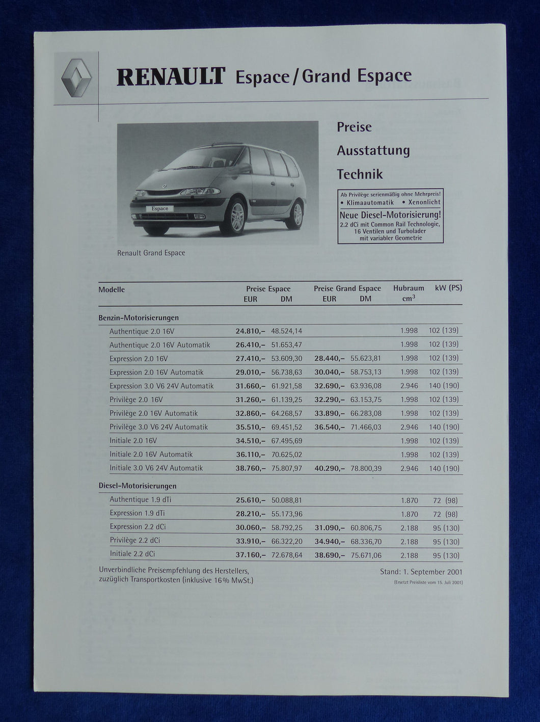 Renault Espace Grand Espace - Preisliste MJ 2002 - Prospekt Brochure 09.2001