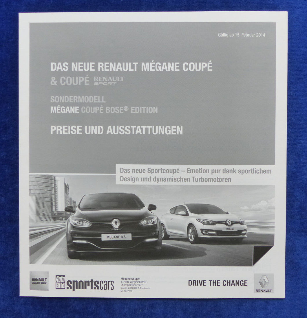 Renault Megane Coupe R.S. Bose - Preisliste MJ 2014 - Prospekt Brochure 02.2014