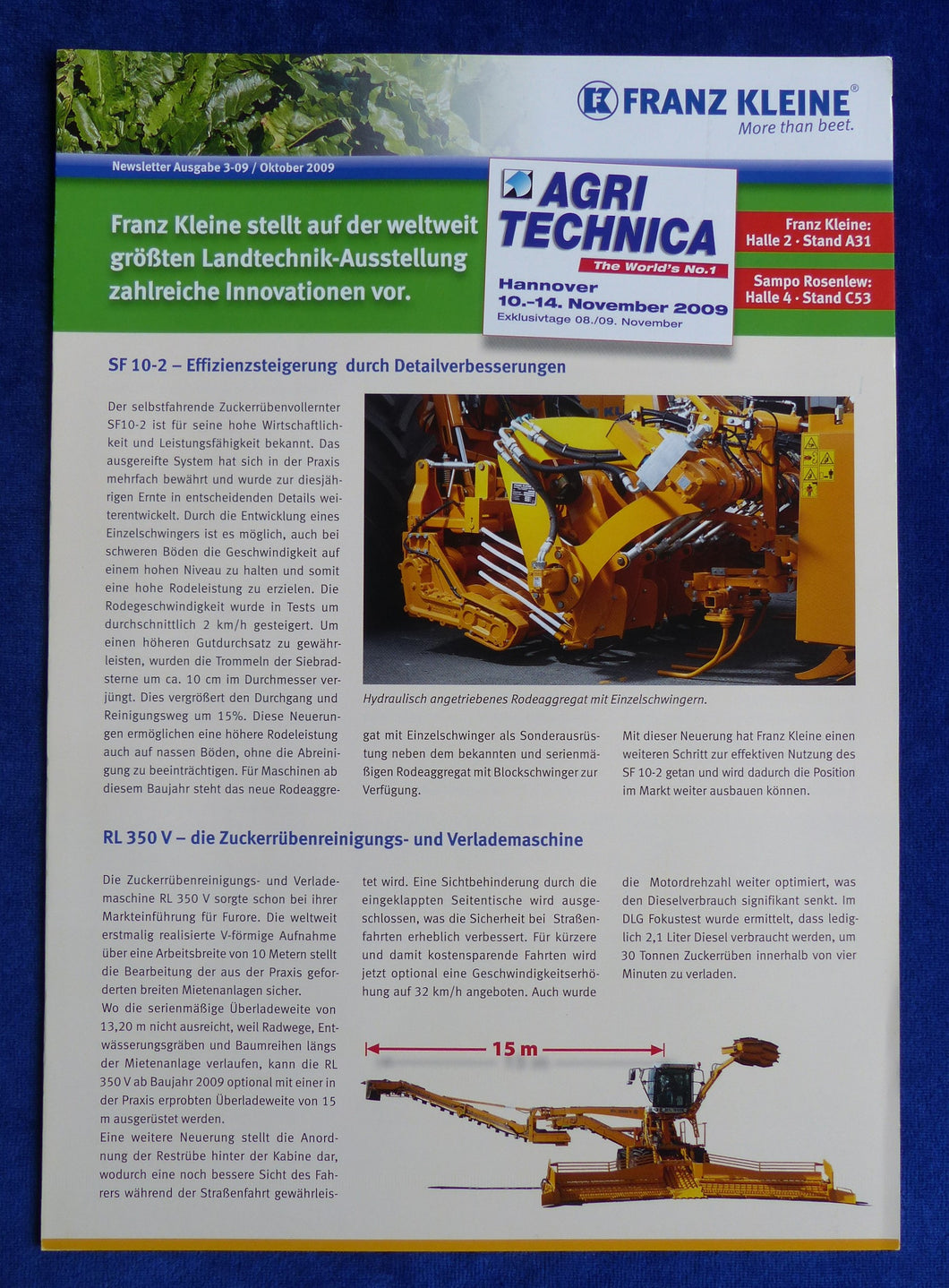 Kleine Zuckerrüben Erntemaschinen Agri Technica - Prospekt Brochure 10.2009