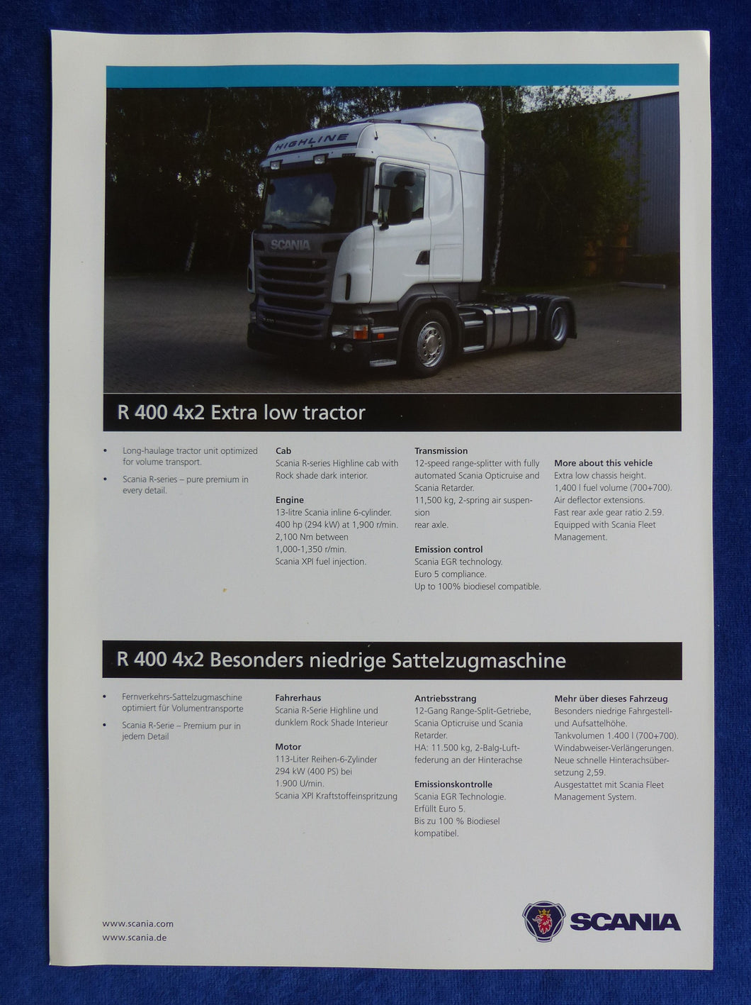 Scania R 400 4x2 LKW niedrige Sattelzugmaschine - Prospekt Brochure 2005