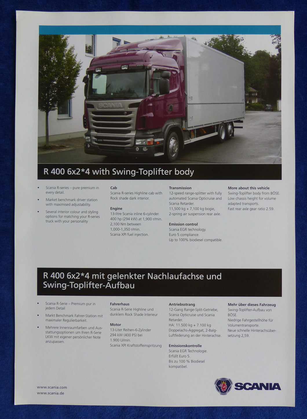 Scania R 400 6x2 LKW mit Swing-Toplifter-Aufbau Böse - Prospekt Brochure 2005
