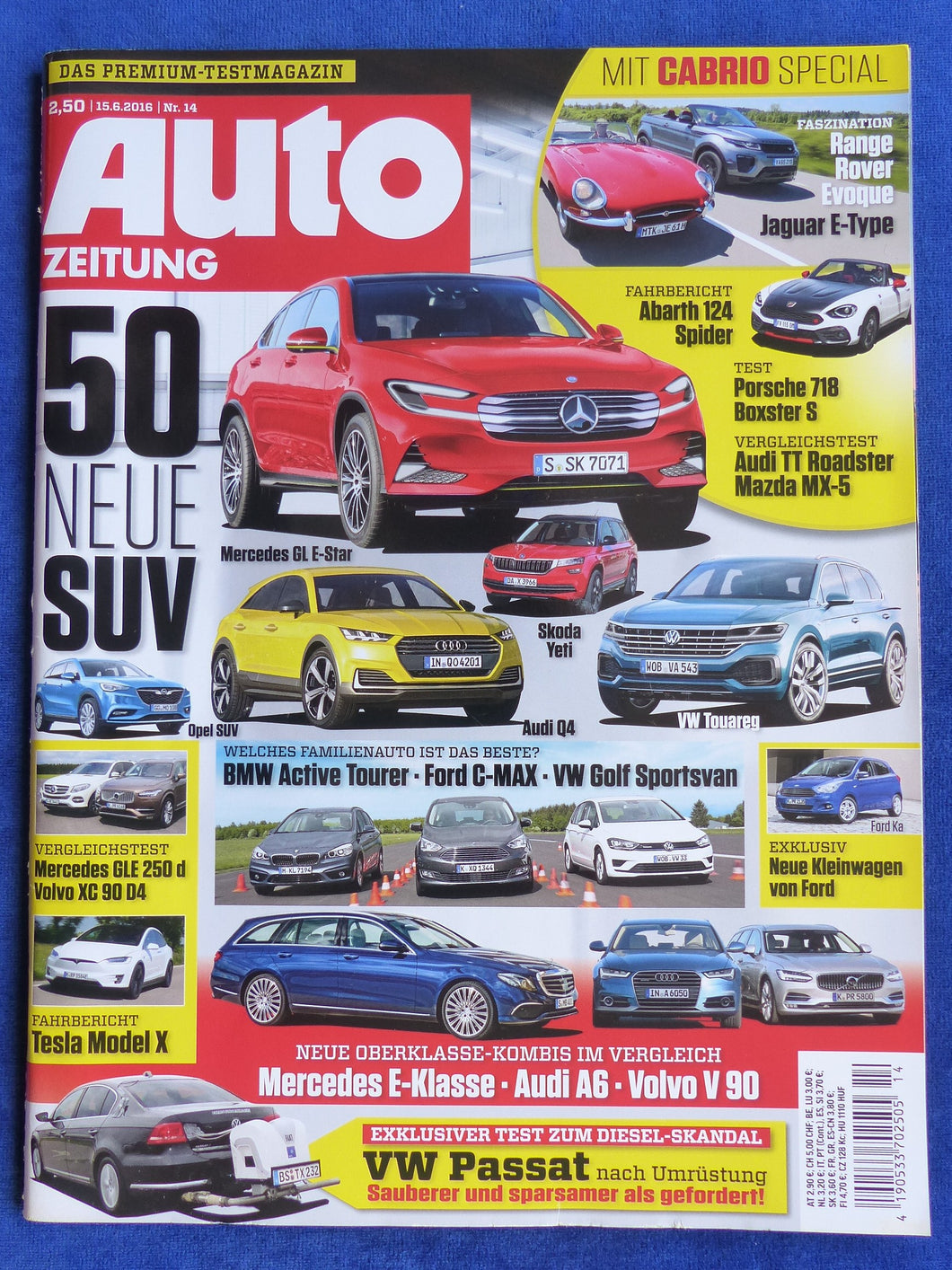 Auto Zeitung Heft 14/2016 - Porsche 718 Abarth Jaguar VW Audi Mercedes BMW Tesla