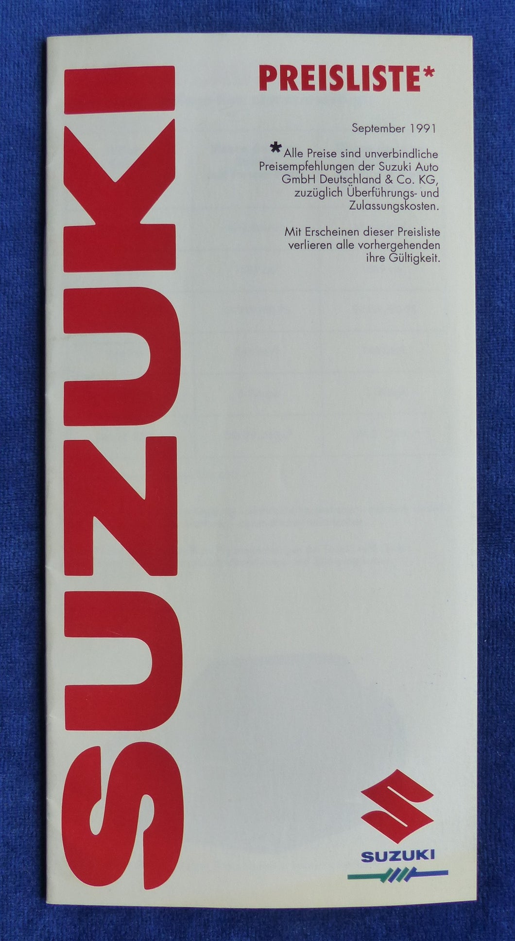 Suzuki Vitara SJ Samurai Swift Carry - Preisliste MJ 1992 - Prospekt 09.1991
