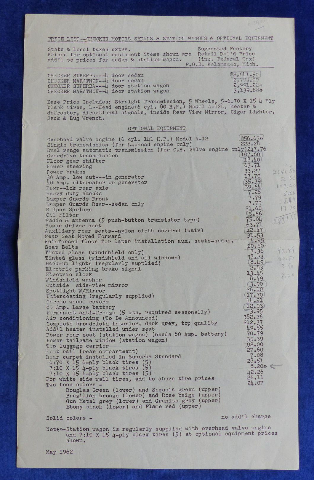 Checker Motors Sedans Station Wagons Prices - US-Prospekt Brochure 05.1962 USA