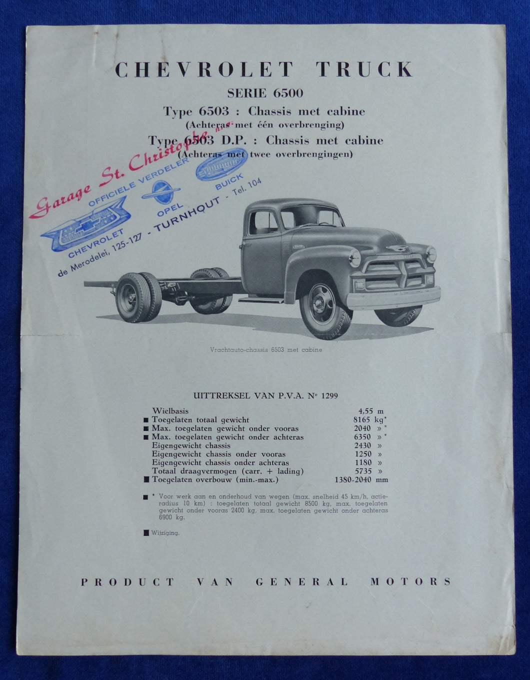 Chevrolet Truck Serie 6500 Typ 6503 - Prospekt Brochure 05.1954 Belgien