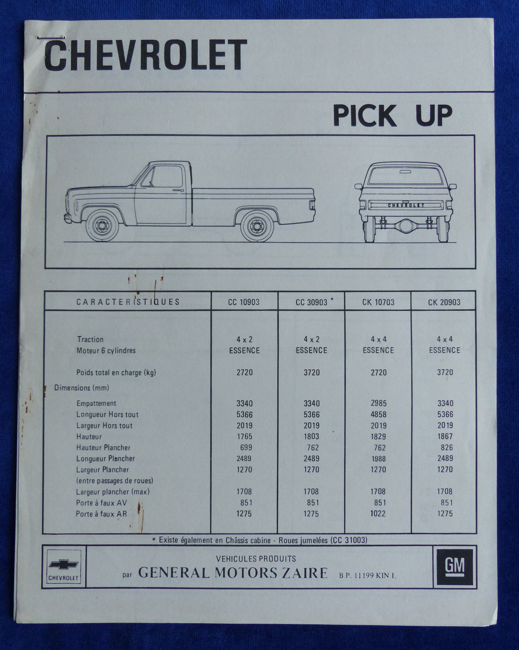 Chevrolet Pick-Up CC CK CS - Prospekt Brochure 1970er Zaire französisch