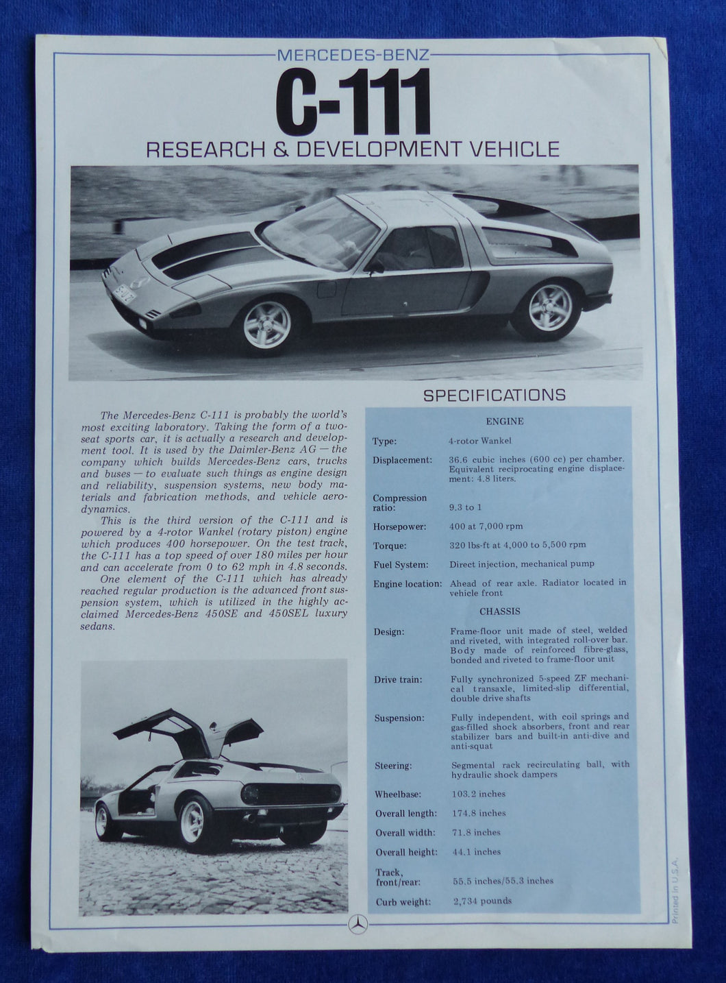 Mercedes-Benz C-111 Research & Development Car - US-Prospekt Brochure 1969 USA