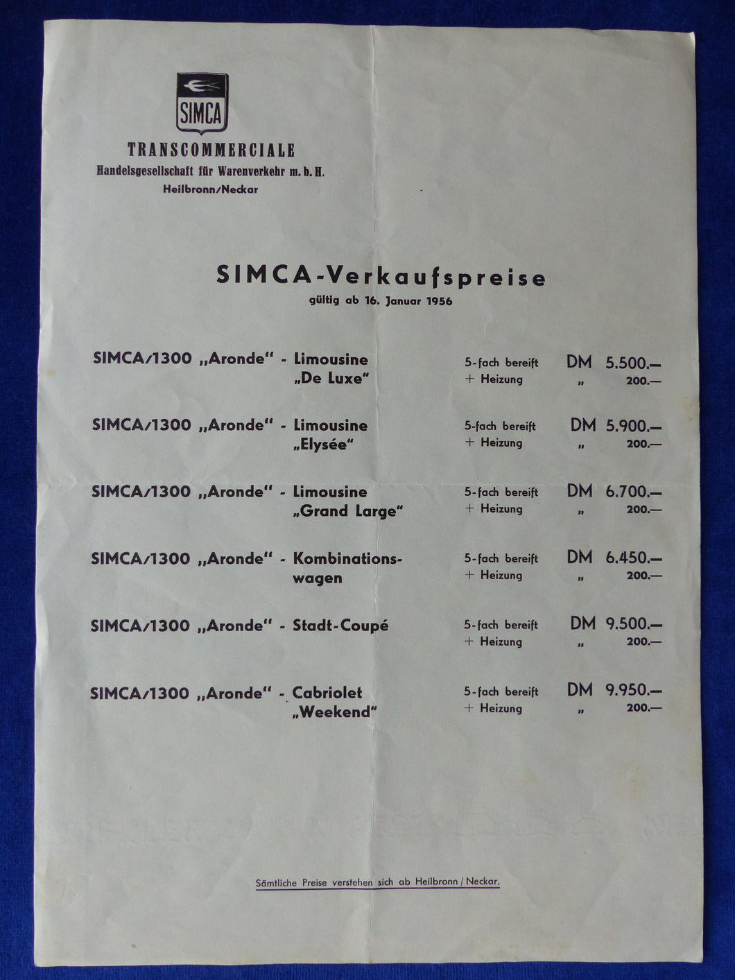 Simca 1300 Aronde - Preisliste - Prospekt Brochure 01.1956