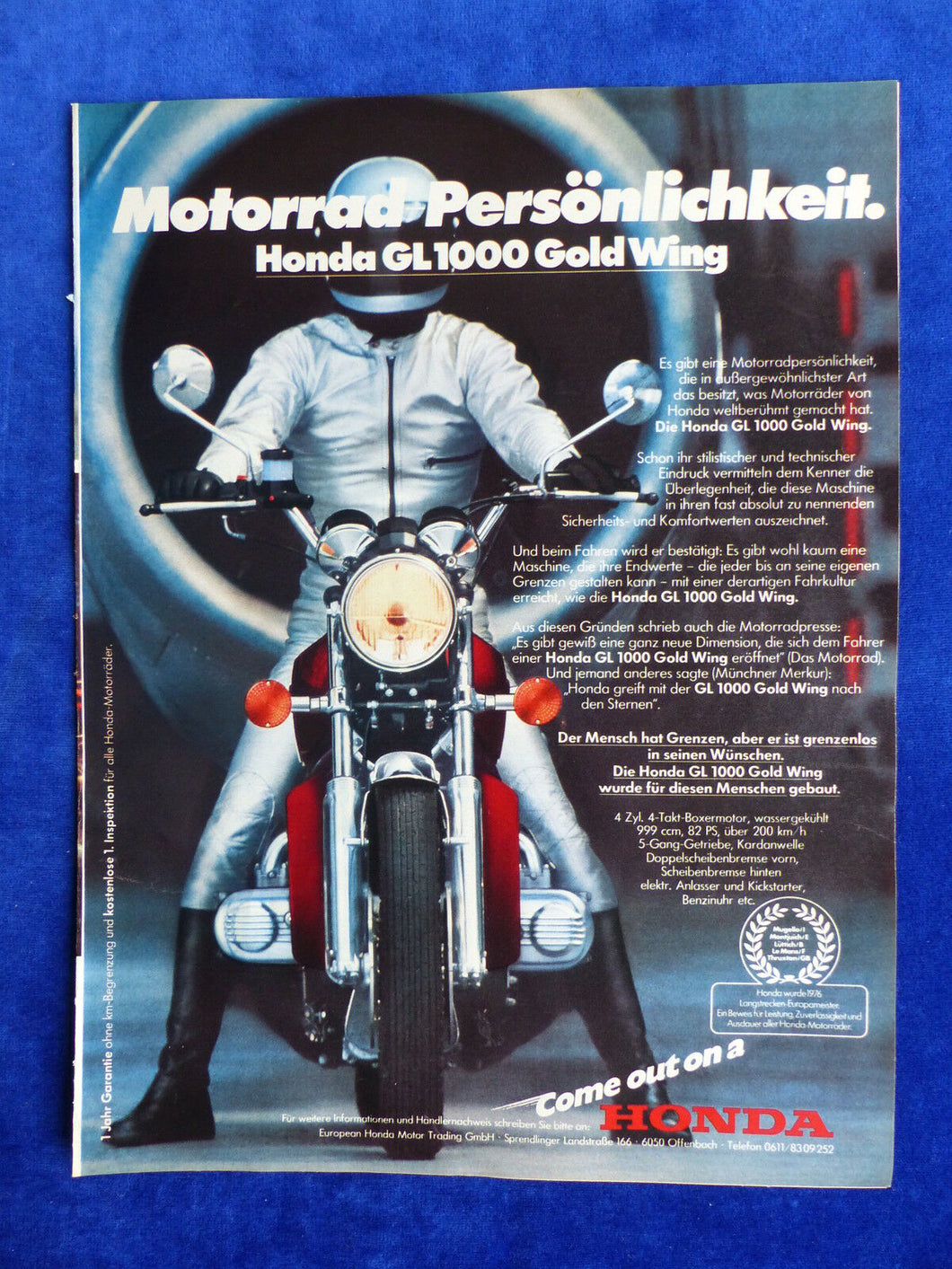 Honda GL 1000 Gold Wing - Werbeanzeige Reklame Advertisement 1977