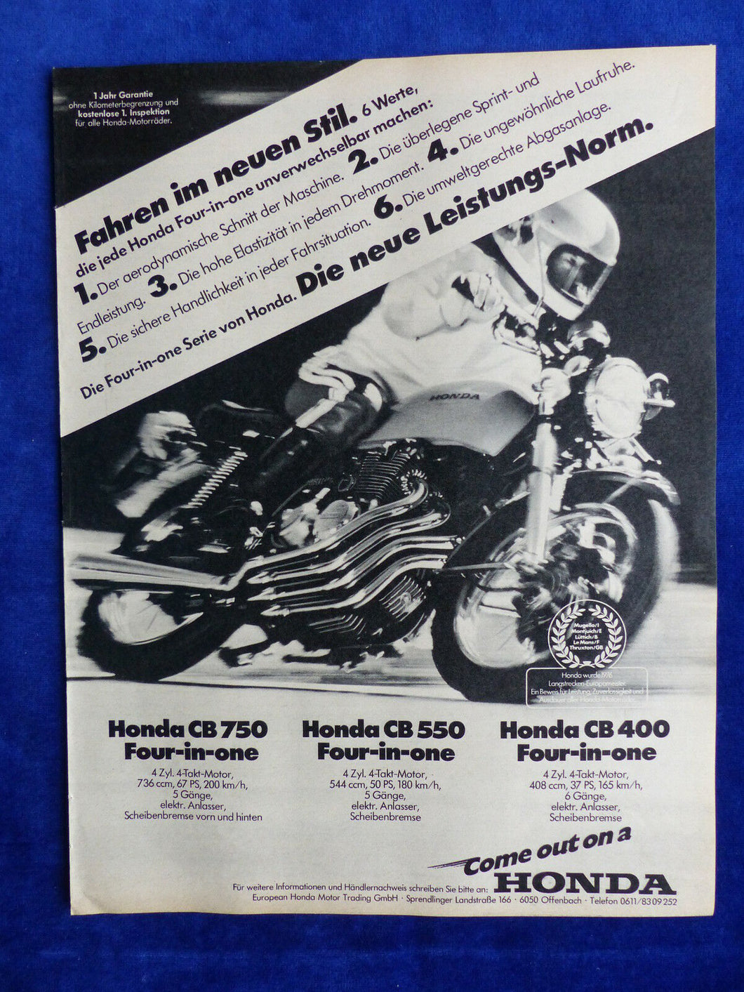 Honda CB 750 Four-in-one - Werbeanzeige Reklame Advertisement 1977