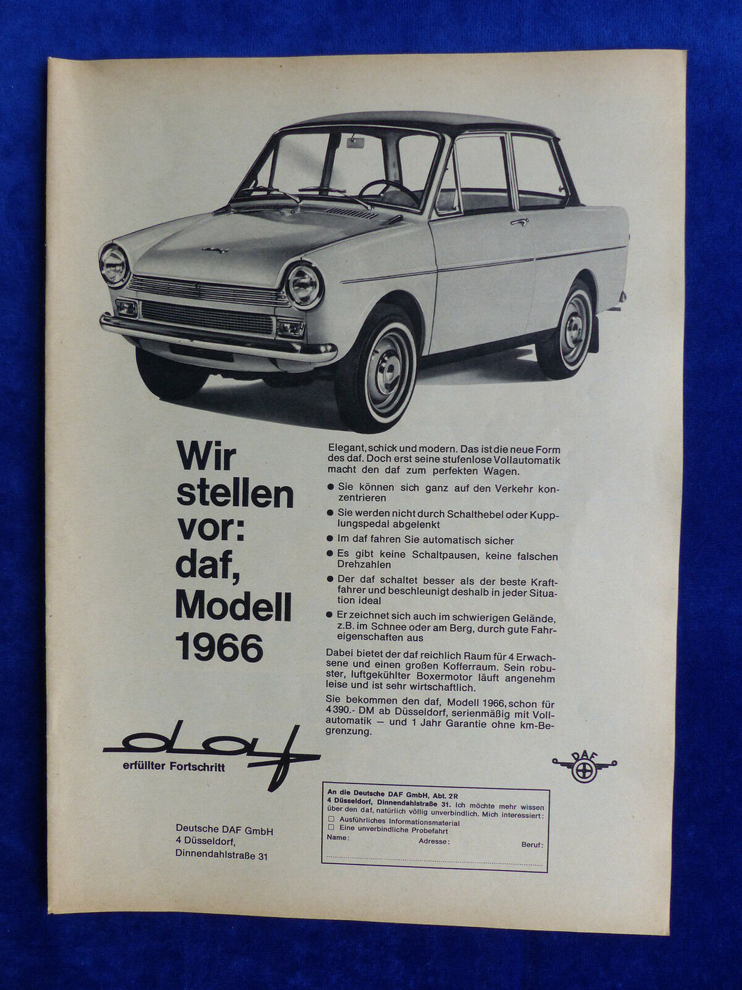 DAF Modell 1966 - Werbeanzeige Reklame Advertisement 1965