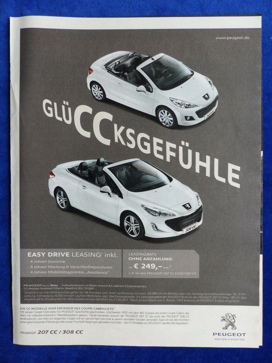 Peugeot 207 CC 308 CC Leasing - Werbeanzeige Reklame Advertisement 2011