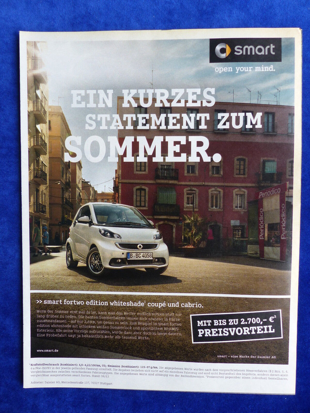 Smart fortwo edition whiteshade - Werbeanzeige Reklame Advertisement 2013