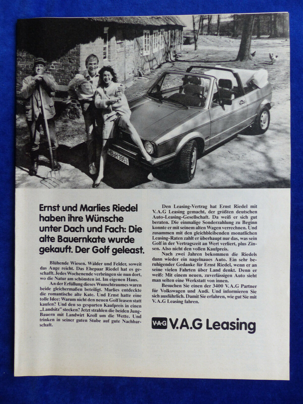 VW Golf Cabrio V.A.G Leasing - Werbeanzeige Reklame Advertisement 1984