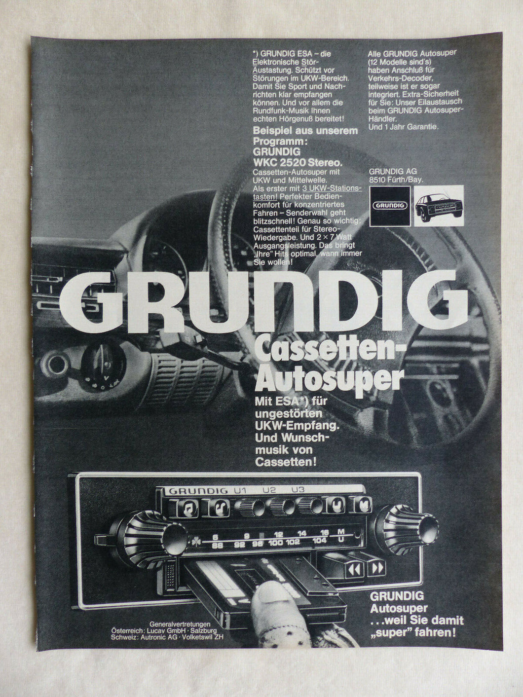 Grundig Cassetten-Autosuper - Werbeanzeige Reklame Advertisement 1976