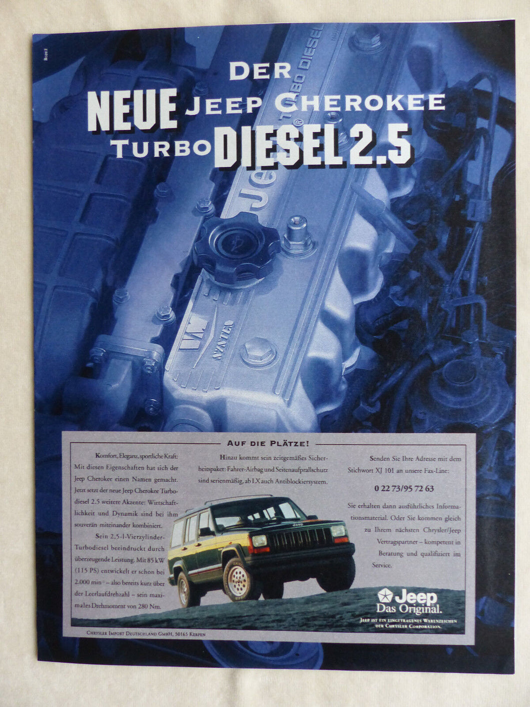 Jeep Cherokee 2.5 Turbo Diesel - Werbeanzeige Reklame Advertisement 1995