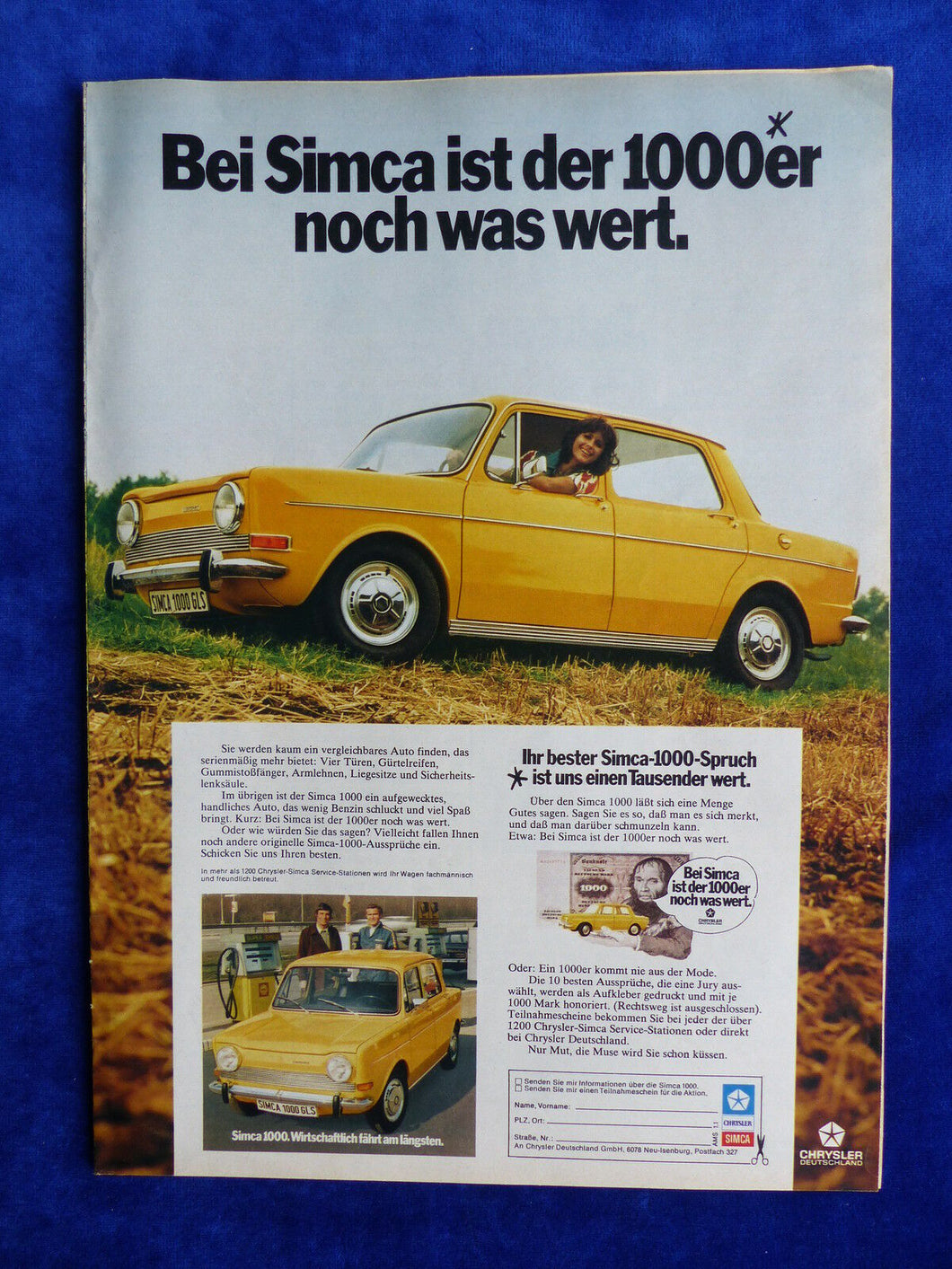Chrysler Simca 1000 - Werbeanzeige Reklame Advertisement 1974
