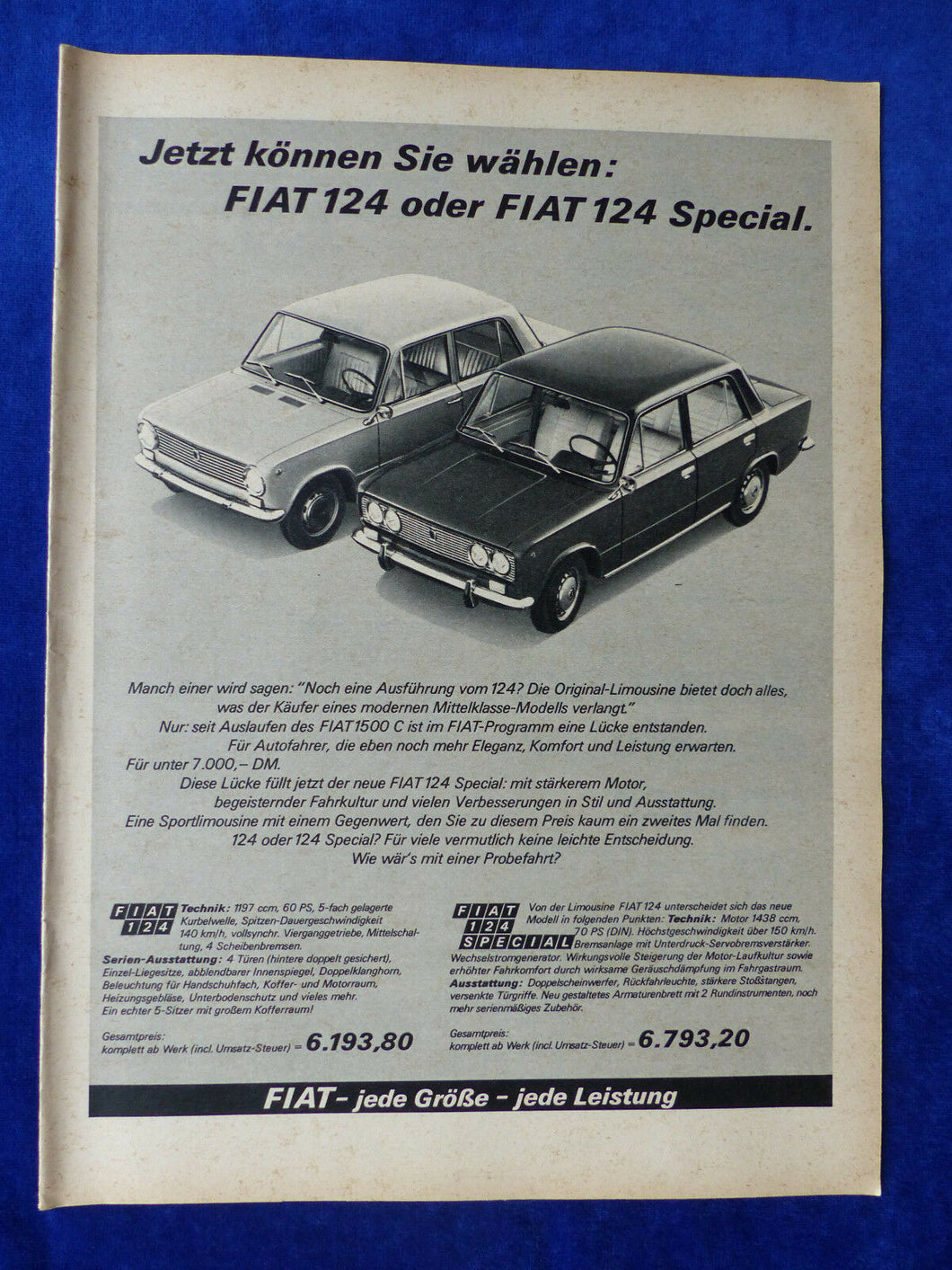 Fiat 124 Special - Werbeanzeige Reklame Advertisement 1969