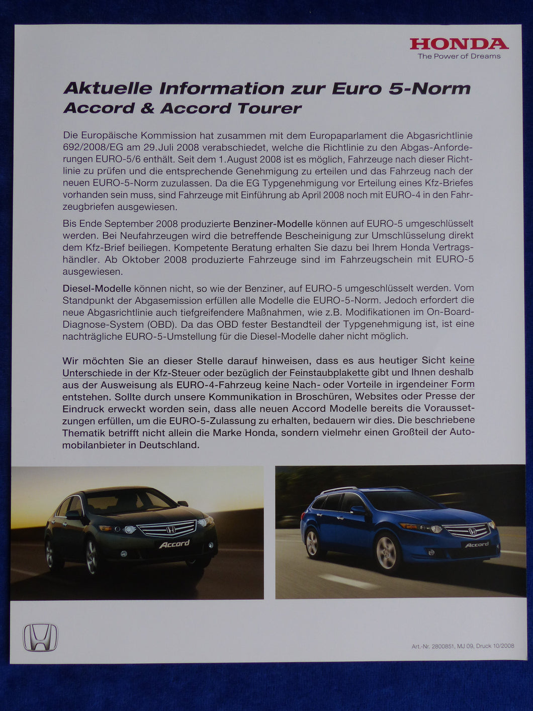 Honda Accord MJ 2009 - Information zur Euro 5-Norm - Prospekt Brochure 10.2008