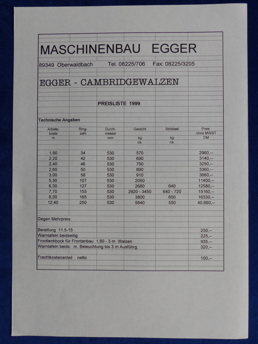 Egger Cambridgewalzen - Preisliste 1999 - Prospekt Brochure
