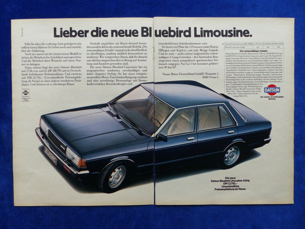 Datsun Bluebird Limousine - Werbeanzeige Reklame Advertisement 1980 - car-brochure