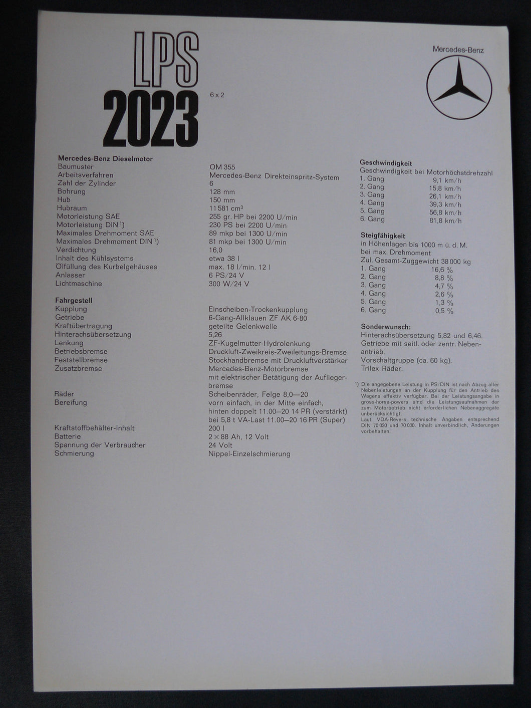 Mercedes-Benz Nutzfahrzeuge LPS 2023 Motor OM 355 Daten - Prospekt Prospekt 1967