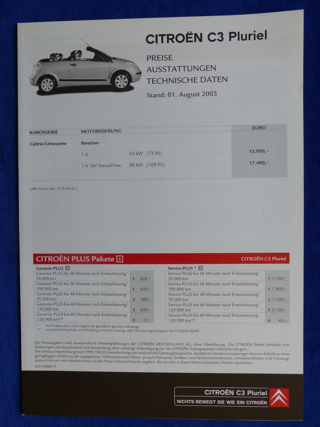 Citroen C3 Pluriel - Preisliste MJ 2004 - Prospekt Brochure 08.2003