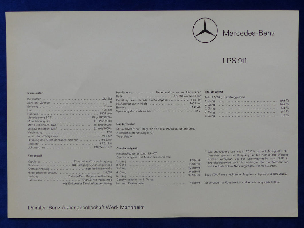 Mercedes-Benz LKW LPS 911 Motor OM 352 - Prospekt Datenblatt Brochure 03.1965