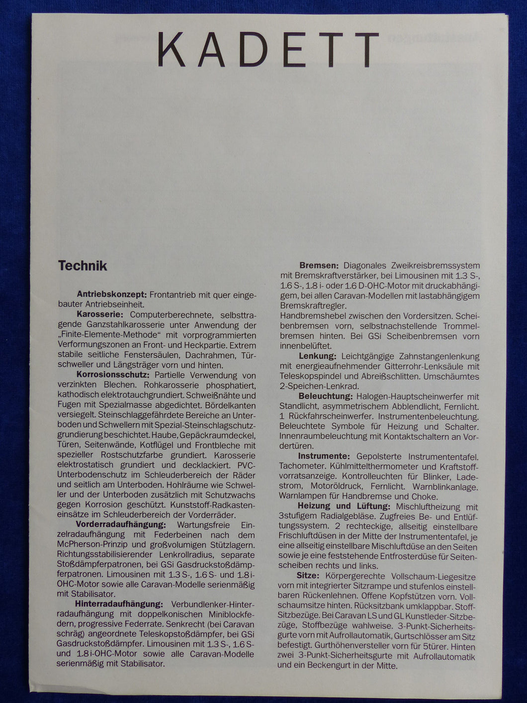 Opel Kadett GSi - Technische Daten & Ausstattungen - Prospekt Brochure 02.1986