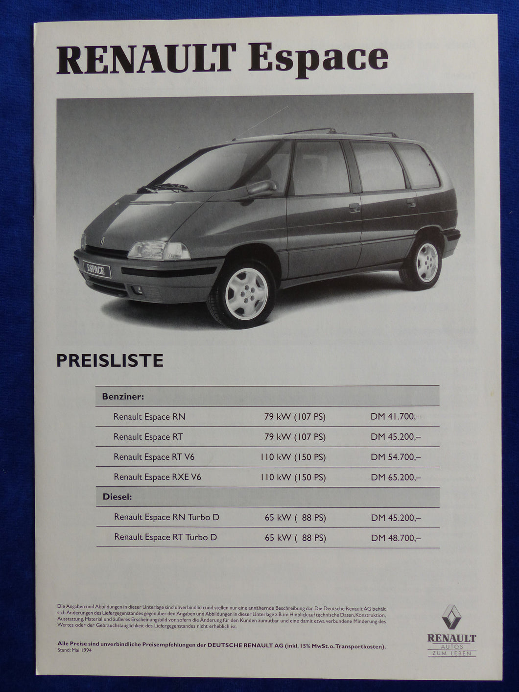 Renault Espace RT RXE V6 - Preisliste MJ 1995 - Prospekt Brochure 05.1994