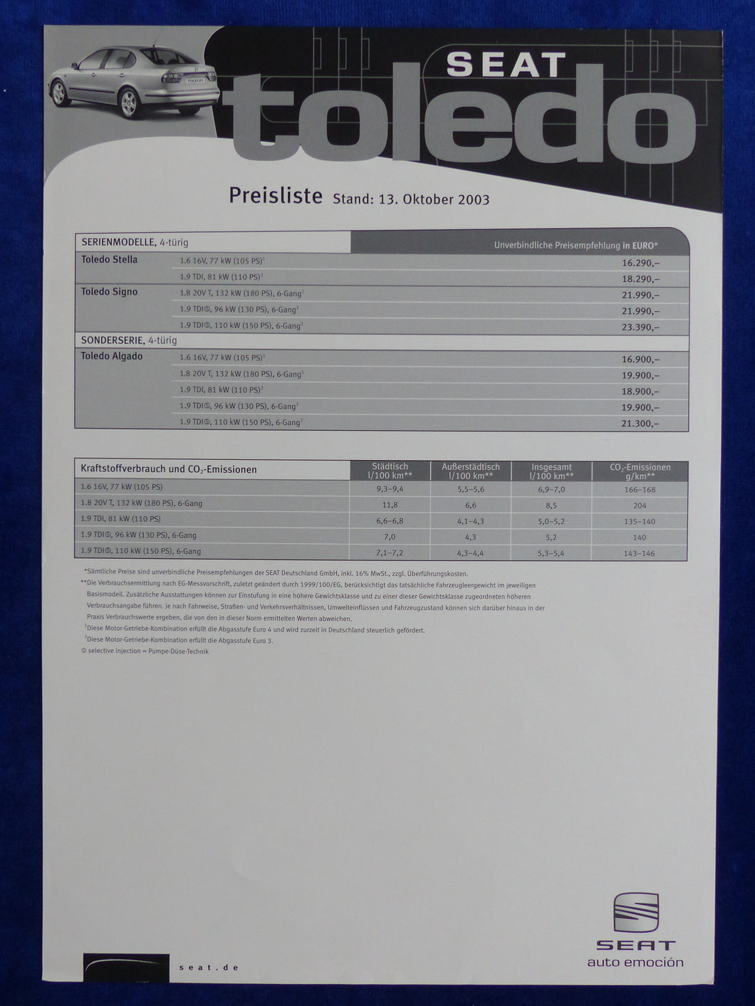 Seat Toledo Algado - Preisliste MJ 2004 - Prospekt Brochure 10.2003