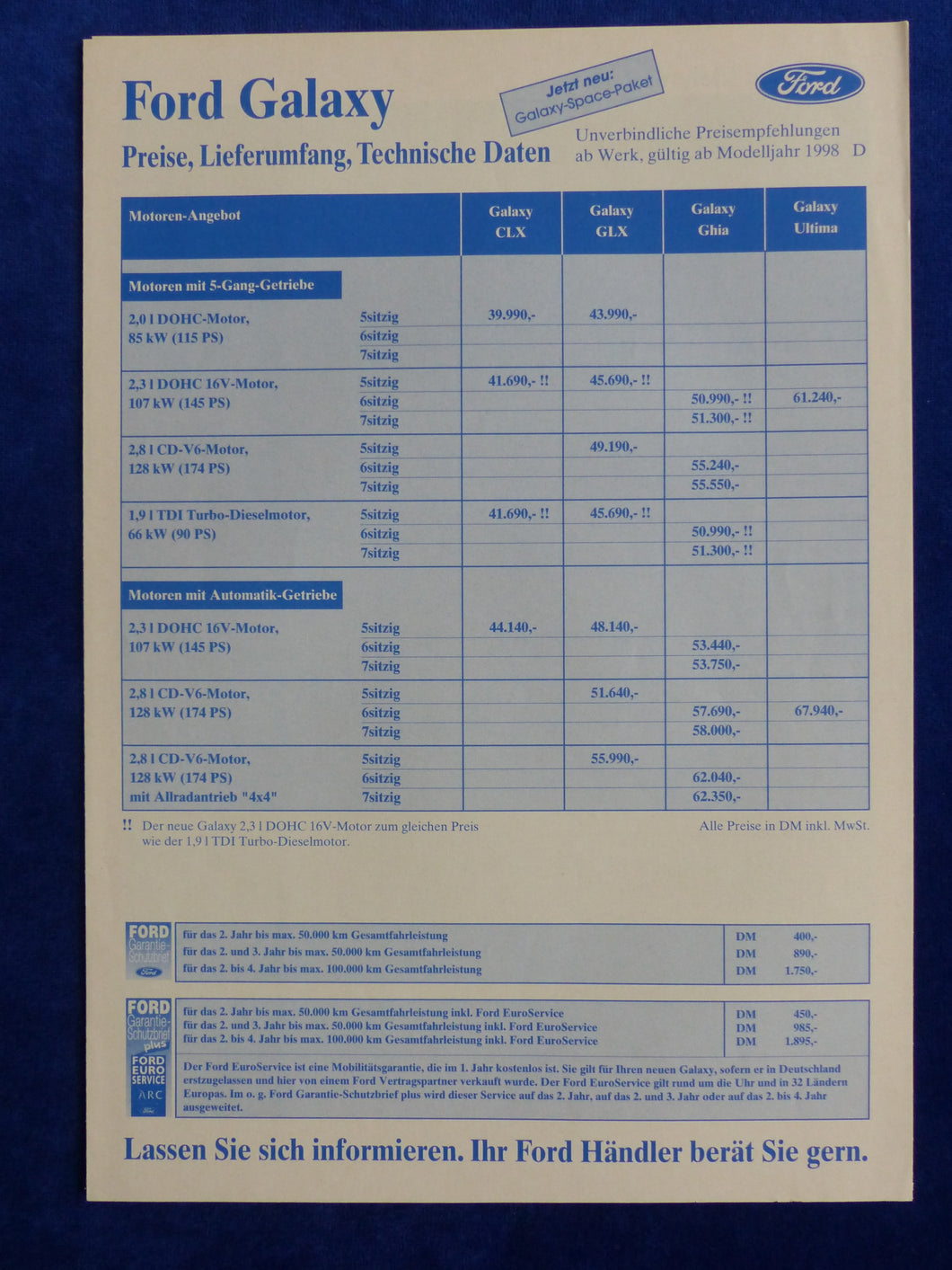 Ford Galaxy Ultima - Preisliste MJ 1998 - Prospekt Brochure 07.1997