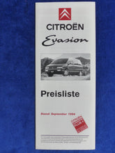 Lade das Bild in den Galerie-Viewer, Citroen Evasion VSX Pallas MJ 1995 - Prospekt Brochure + Preisliste 09.1994
