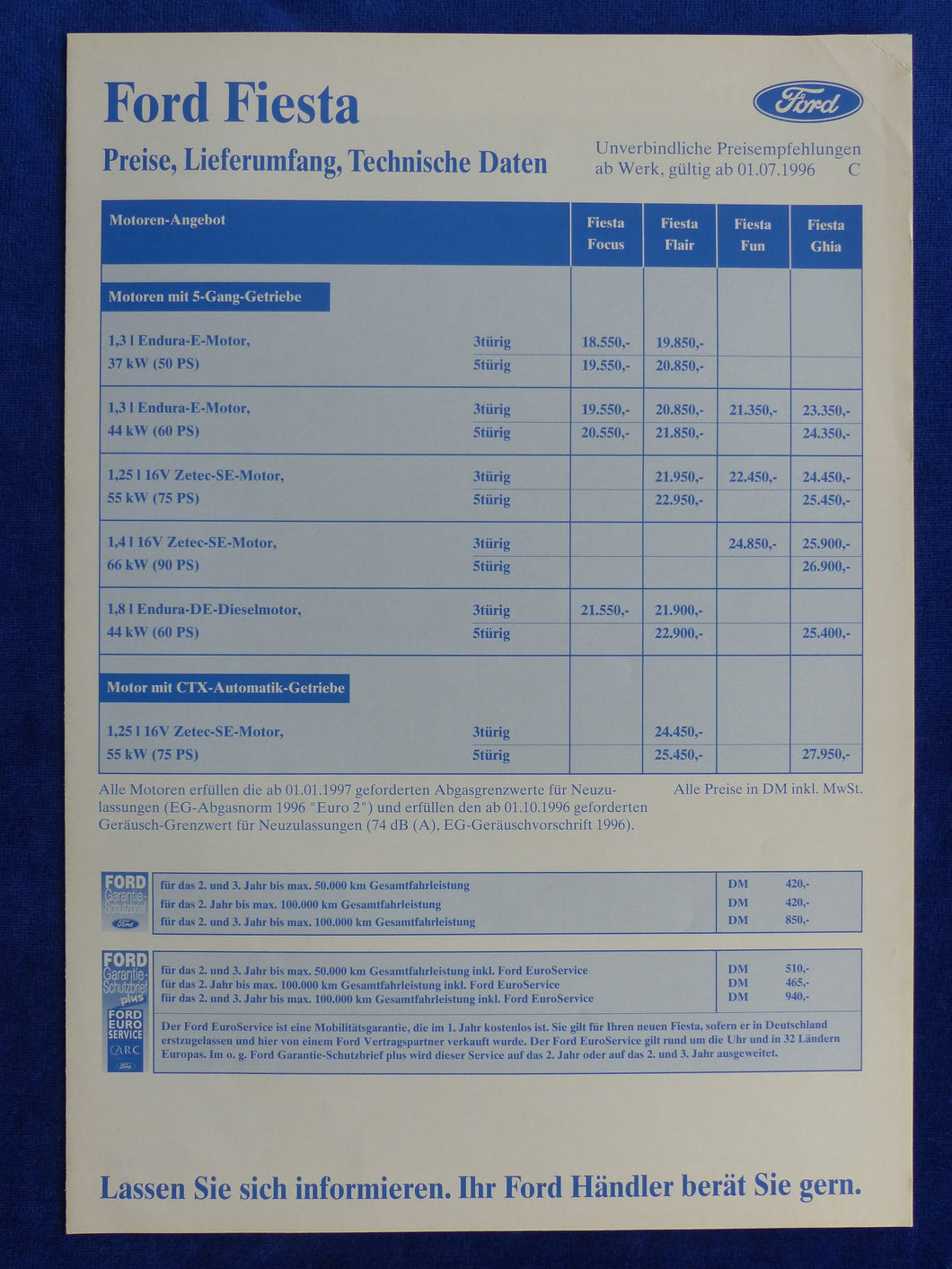 Ford Fiesta - Preisliste MJ 1997 - Prospekt Brochure 07.1996