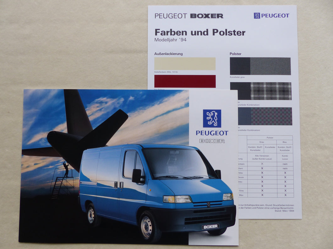 Peugeot Boxer Kastenwagen Kombi - Prospekt Brochure + Farben & Polster 03.1994