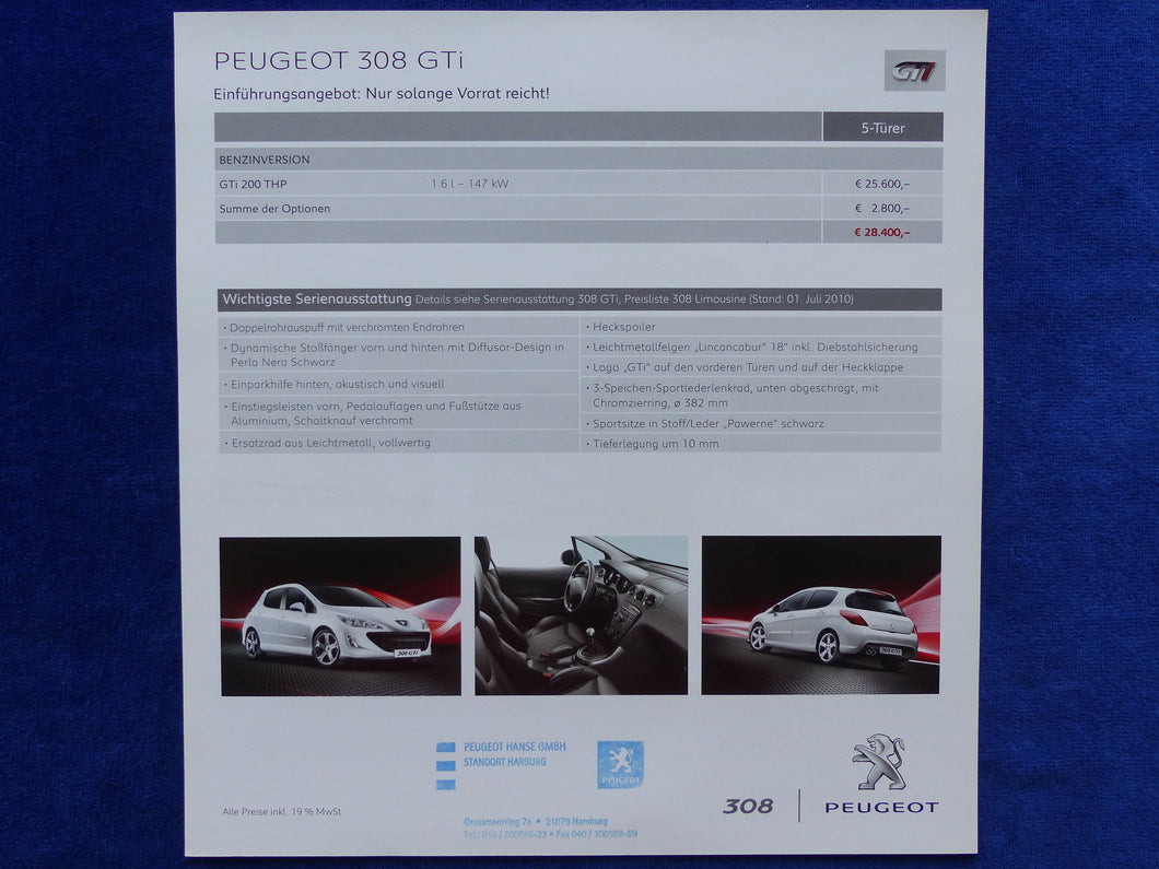 Peugeot 308 GTi - Preisliste MJ 2011 - Prospekt Brochure 07.2010