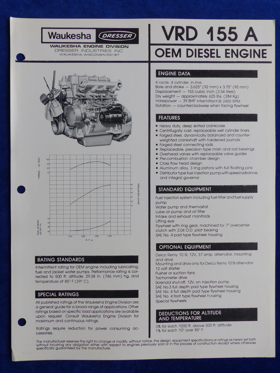 Waukesha VRD 155 A OEM Diesel Engine - Datenblatt US-Prospekt Brochure USA