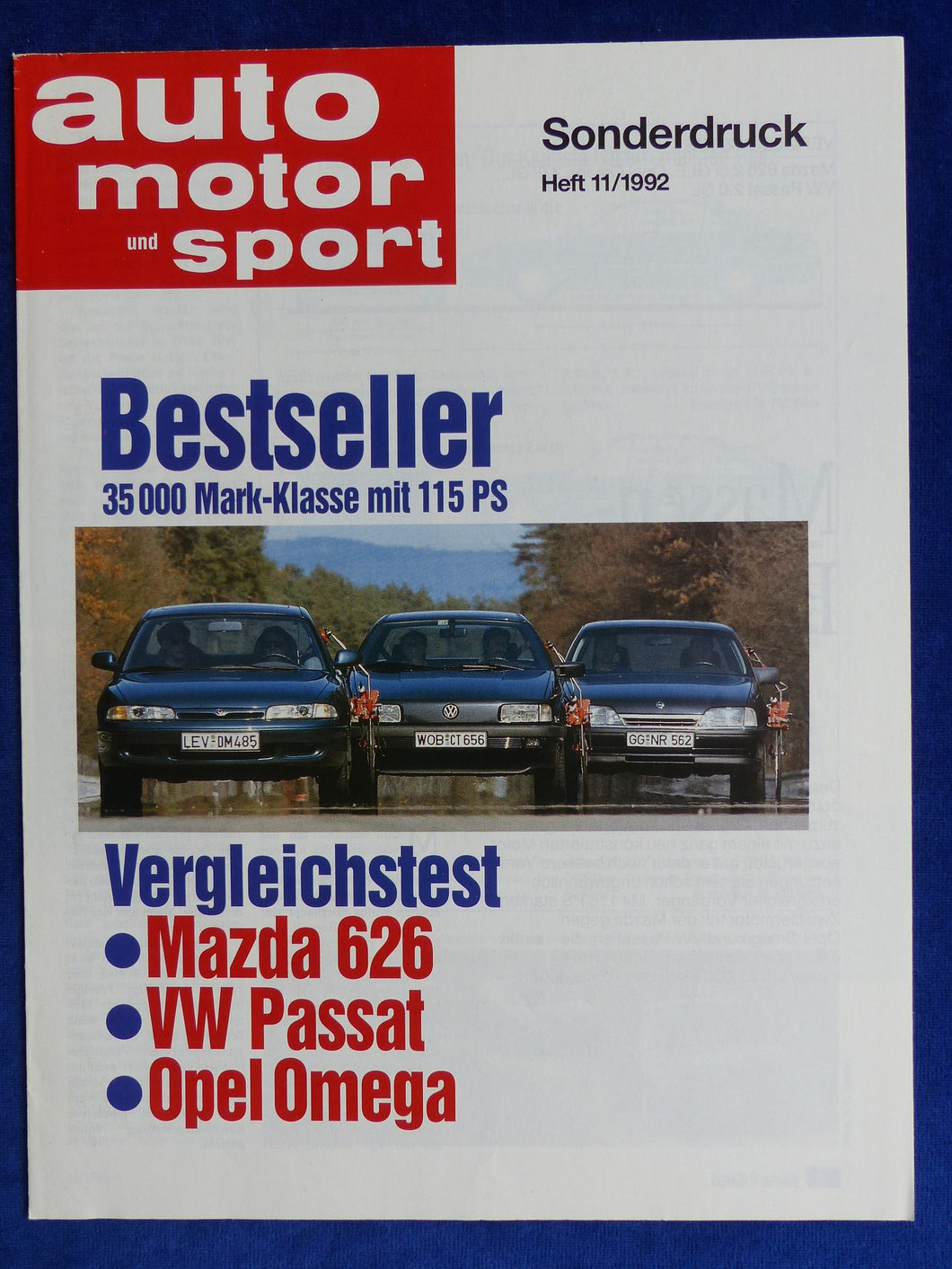 Mazda 626 VW Passat Opel Omega Vergleichstest - Sonderdruck AMS Heft 11/1992 - car-brochure