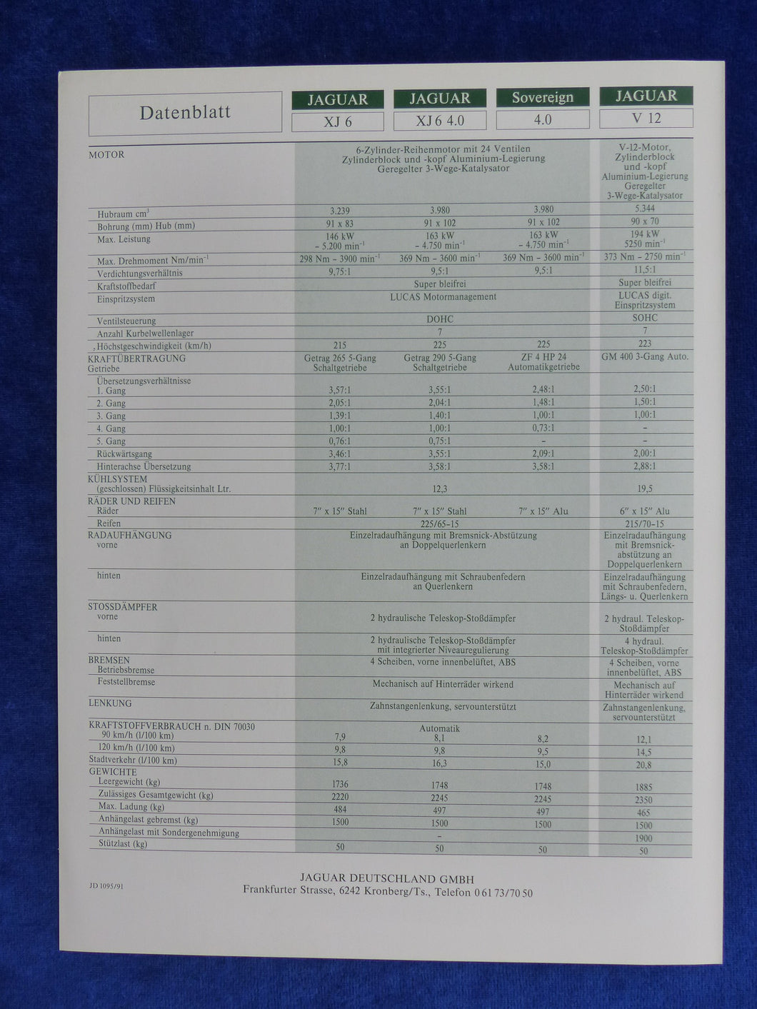 Jaguar XJ 6 - Daten & Ausstattungen MJ 1992 - Prospekt Brochure 05.1991 - car-brochure