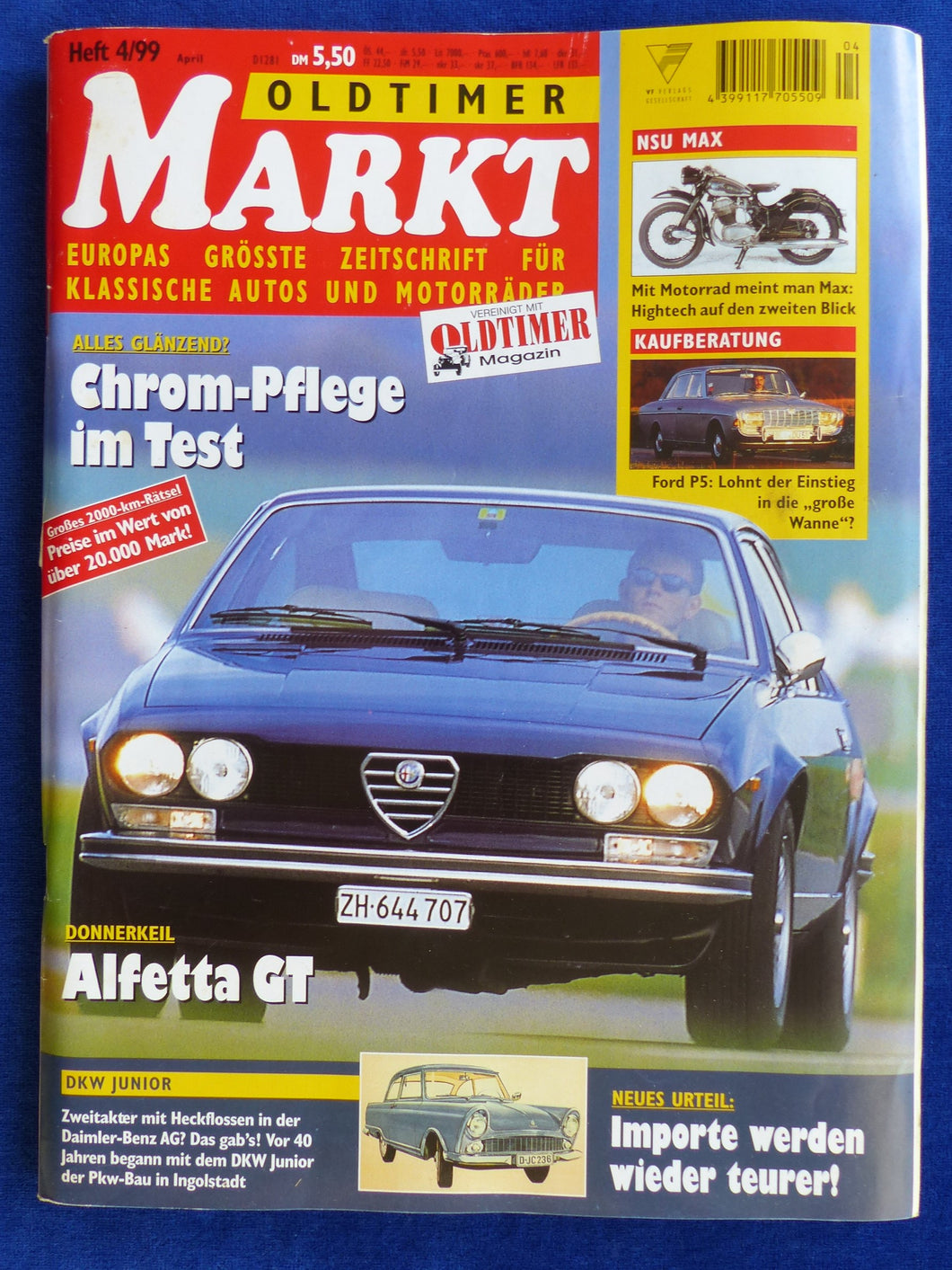 Oldtimer Markt Heft 4/1999 - Alfa Romeo Alfetta GT DKW Junior Ford P5 Yamaha RD