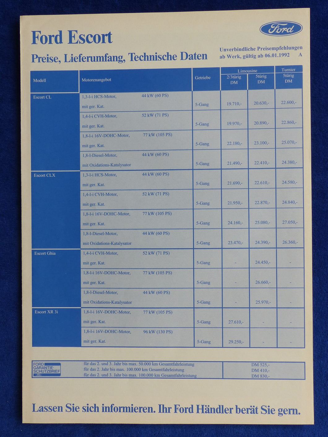 Ford Escort XR 3i - Preisliste MJ 1992 - Prospekt Brochure 01.1992