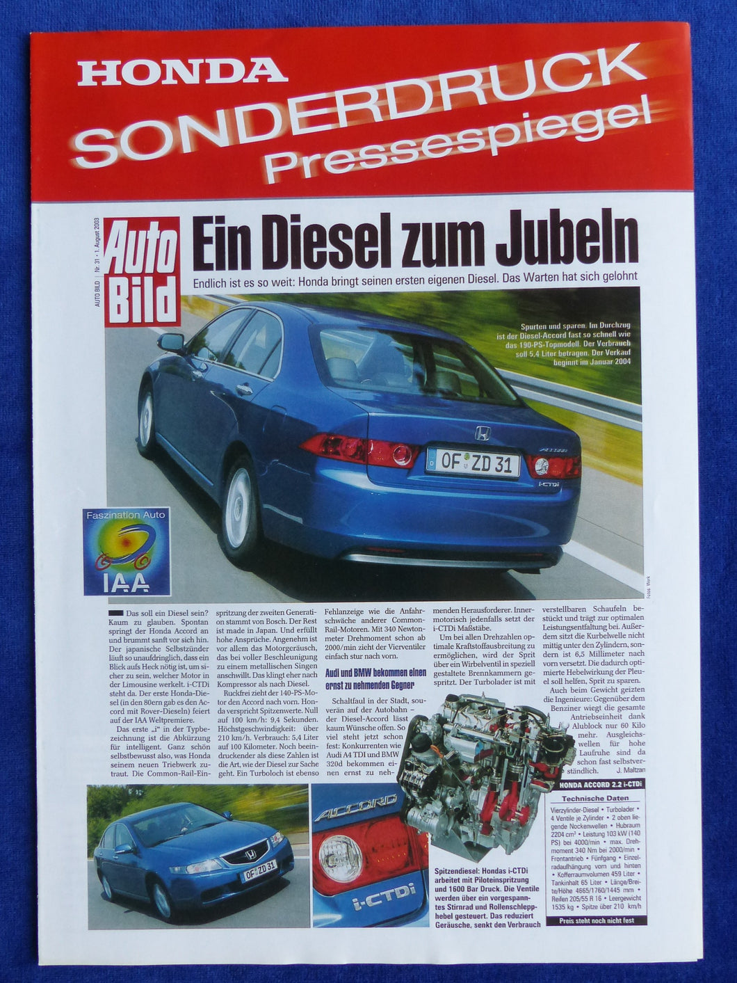 Honda Accord 2.2 i-CTDi Diesel Pressespiegel - Sonderdruck Brochure 2003