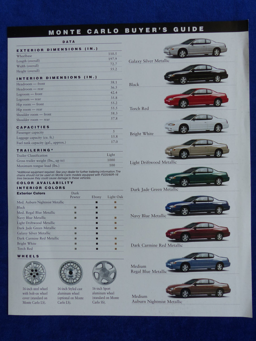 Chevrolet 2000 Monte Carlo LS SS Buyer's Guide - US-Prospekt Brochure 1999 USA