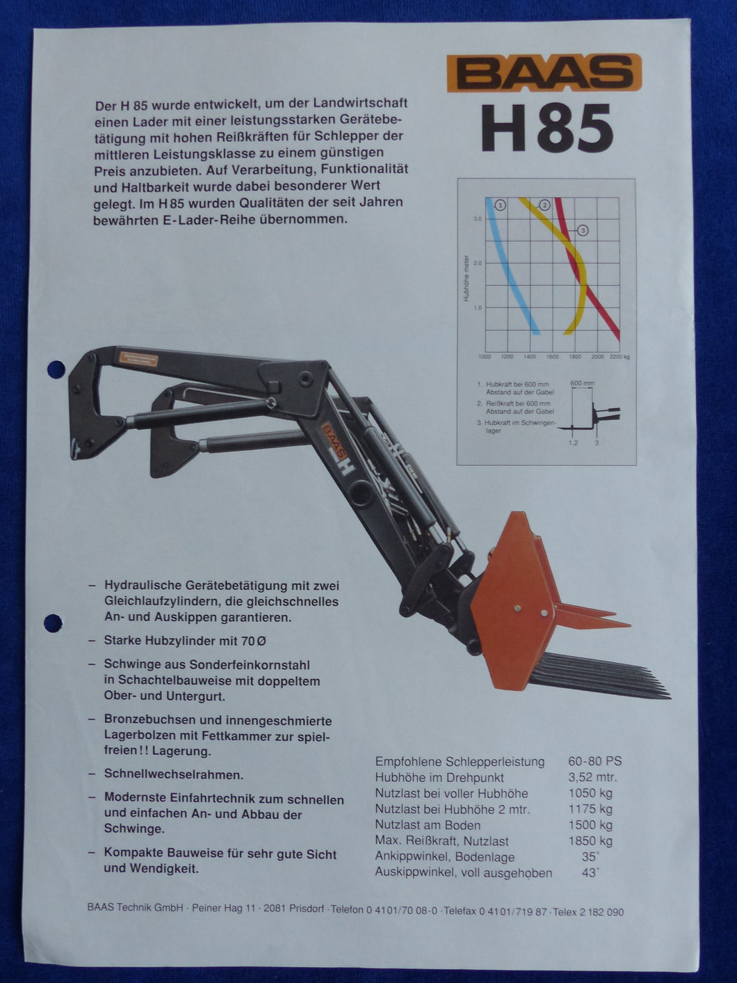 Baas H85 Lader Frontlader - Prospekt Brochure 80er