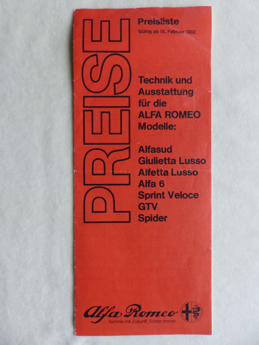 Alfa Romeo Programm GTV Spider - Preisliste MJ 1982 - Prospekt Brochure 02.1982